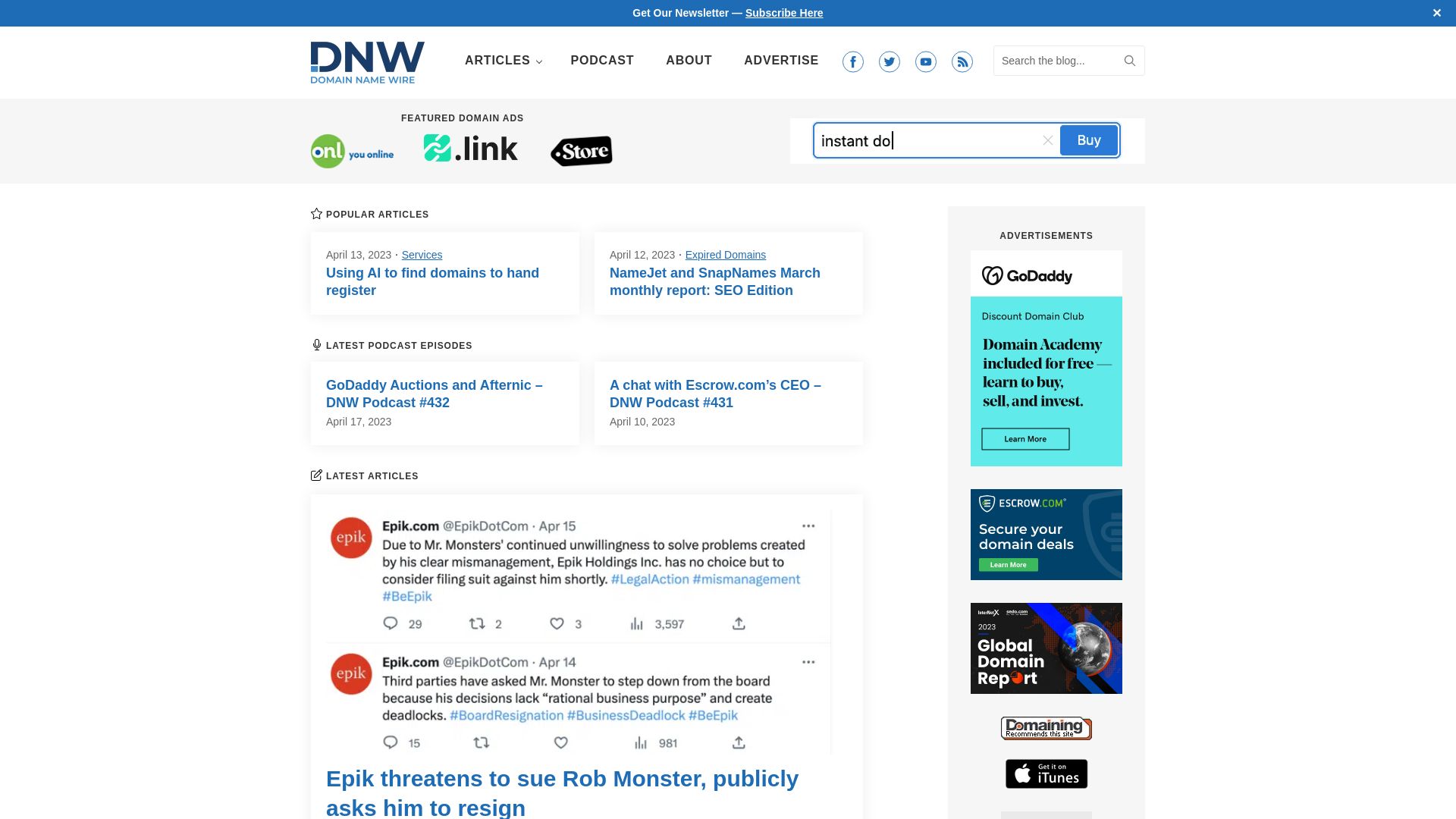 Website status domainnamewire.com is   ONLINE